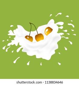 Realistic yellow sweet cherries falling into the milky splash. Vector illustration