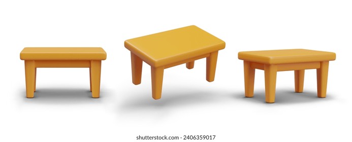 Realistic yellow table. Set of models at different angles. Vector templates on white background. Furniture for dining, living room, kitchen, catering establishments