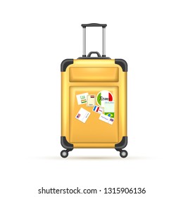 Realistic yellow travelling suitcase with world postage stamp, bag mockup. Vector voyage plastic luggage case . Summer holiday vacation, 3d trip touristic journey symbol. Isolated illustration