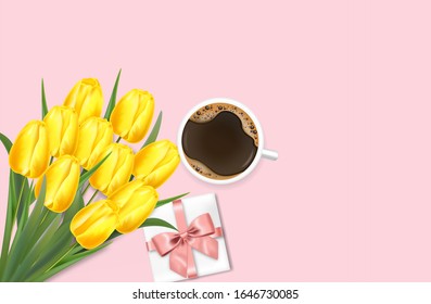 Realistic yellow tulips, gift and coffee, hello spring, womens day, 8 march beautiful flowers, spring card vector, sale banner, floral background