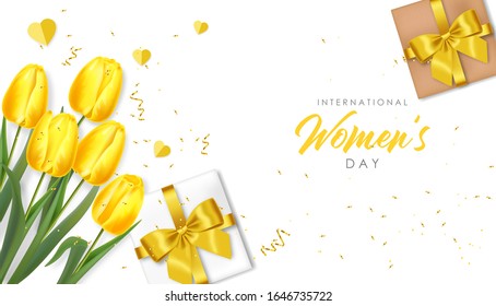 Tulipanes y regalos amarillos realistas, resorte de adiós, día de la mujer, 8 marchas hermosas flores, vectores de tarjetas de primavera, banner de venta, fondo floral, celebración de pancartas amarillas