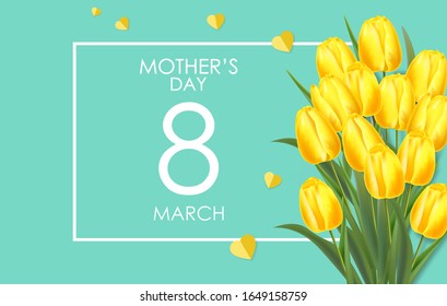 Realistic yellow tulips, hello spring, womens day, 8 march beautiful flowers, spring card vector, sale banner, floral background