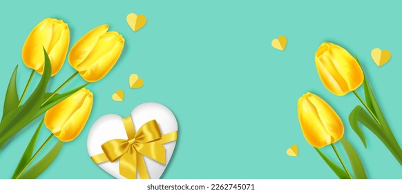 Realistic yellow tulips, hello spring, womens day, 8 march beautiful flowers, spring card vector, sale banner, floral background