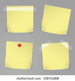 Realistic yellow vector stickers with tapes, pins and curved corners.