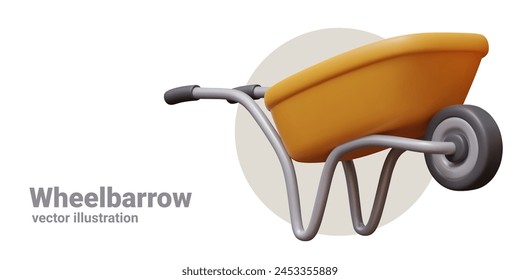 Realistic yellow wheelbarrow. Hand held device for cargo transportation