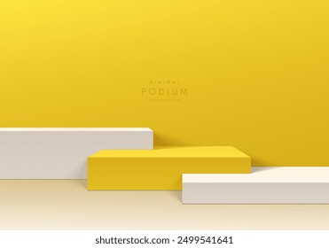 Realistic yellow and white 3D cube podium set level background wall scene. Minimalist 3D mockup pedestal, Abstract product display presentation, Stage for showcase. Platforms vector geometric design.