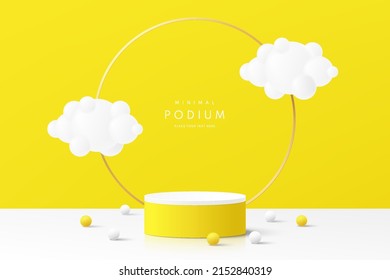 Realistic yellow and white 3D cylinder pedestal podium with golden ring and clouds flying. Abstract minimal scene for mockup products, stage for showcase, promotion display. Vector geometric forms.