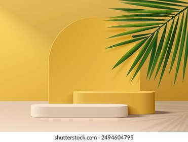 Realistic yellow, white 3D round podium background with palm leaf, arch backdrop wall scene. Minimalist mockup pedestal, Abstract product display presentation, Stage showcase. Vector platform design.