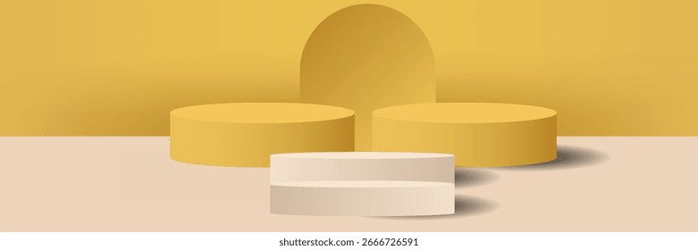 Fundo de pódio redondo 3D amarelo realista com folha de palma, cena de parede de fundo de arco. Pedestal de maquete minimalista, apresentação abstrata da exposição do produto, VETOR MODERNO