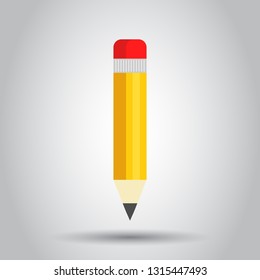 Realistic yellow wooden pencil with rubber eraser icon in flat style. Highlighter vector illustration on white background. Business concept.