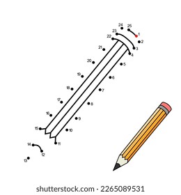 Realistic yellow wooden pencil with rubber eraser. Dot to dot game. Connect the dots by numbers and finish picture. Coloring Page with cute pen. Logic Game for kids. Practice counting to 25.