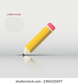 Realistic yellow wooden pencil with rubber eraser icon in flat style. Highlighter vector illustration on white isolated background. Pencil business concept.