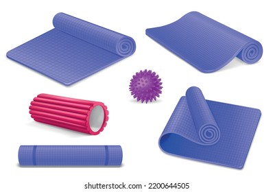 Realistic yoga and myofascial massage icons set with rug mat and foam roller isolated vector illustration