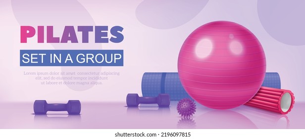 Realistic Yoga And Pilates Equipment Poster With Fitness Ball And Rug Mat Vector Illustration