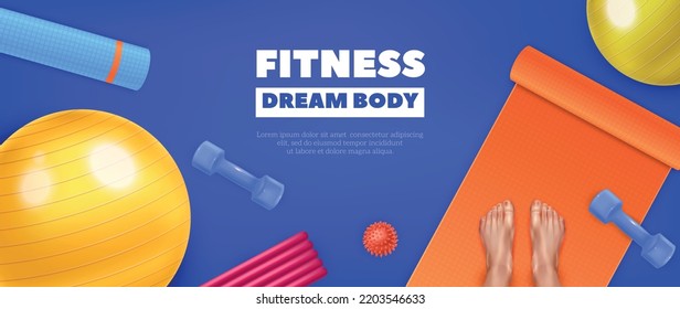 Realistic yoga poster with fitness mats and other equipment vector illustration