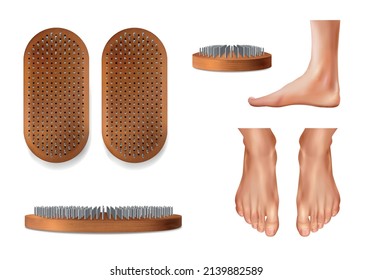 Realistic yoga sadhu boards icon set with feet and bed of sharp nails in profile and top view vector illustration