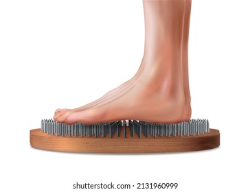 Realistic yoga sadhu feet profile composition two feet standing on a bed of nails vector illustration