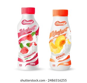 Realistic yoghurt bottle package. Raspberry and peach fruit dairy drinks. Two realistic 3d vector yogurt bottle mockups with natural, healthy fruit ingredients. No sugar dairy product packaging promo