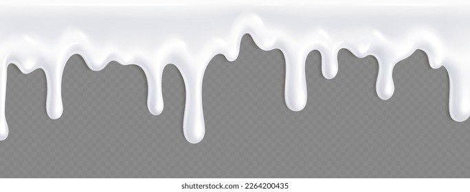 Realistic yoghurt or white paint flow isolated on transparent background. Vector illustration of creamy liquid substance dripping on surface. Food or cosmetics product texture. Seamless pattern