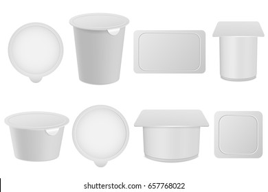 Realistic yogurt, cottage cheese, ice cream or sour cream packaging set. Empty 3D mock up isolated on white background. Applicable for branding, design presentation. Vector illustration. Eps 10.