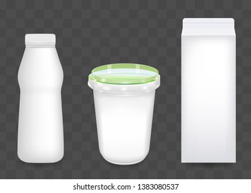 Realistic yogurt, cottage cheese or sour cream packaging set isolated on transparent background. Various packages for dairy products. Applicable for branding, design presentation. Vector illustration.