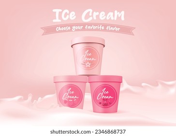 Realistic yogurt cream container mockup. Pink label plastic bucket with lid. 3D vector illustration for dairy dessert packaging design