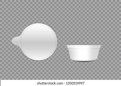 Realistic yogurt cup isolated on transparent background. White plastic pot with cover
