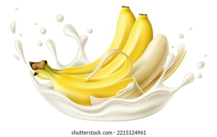 Realistic yogurt fruit splashes. Banana bunch. Fermented milk drops and liquid burst. Cream beverage splatters. Dairy product taste. Tropical plant flavor. Vector healthy