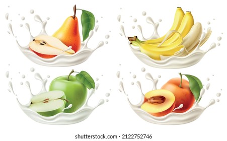 Realistic yogurt fruit splashes. Fermented milk drops and liquid bursts. Whole or half pear and peach. Banana or apple tastes. Probiotic product. Cream splatters. Vector