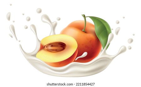 Realistic Yogurt Fruit Splashes. Whole Or Half Peach. Fermented Milk Drops And Liquid Burst. Cream Beverage Splatters. Dairy Product Taste. Healthy Food. Vector Natural