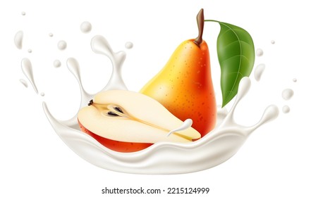 Realistic Yogurt Fruit Splashes. Whole Or Half Juicy Pear. Fermented Milk Drops And Liquid Burst. Cream Beverage Splatters. Dairy Product Taste. Natural Ingredient