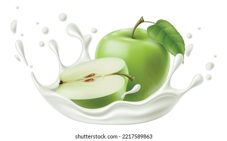 Realistic Yogurt Fruit Splashes. Whole Or Half Green Apple. Fermented Milk Drops And Liquid Burst. Fresh Cream Beverage Splatters. Dairy Product Taste. Vector Natural