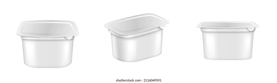 Realistic yogurt, ice cream or sour creme package on white background. 3d mockup of plastic container with foil lid isolated. Template packaging for branding design. Vector illustration