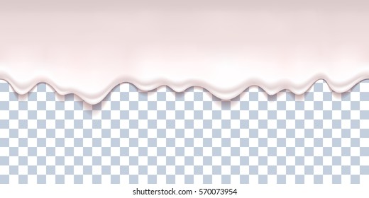 Realistic yogurt milk cream drips with transparency. White product flowing. Seamless horizontal border.