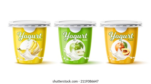 Realistic yogurt package design. Fruits milk dessert plastic containers. Natural Greek products. Banana, peach and apple tastes. Isolated closed jars. Vector sweet cream