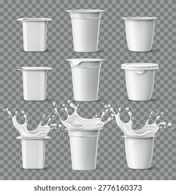 Realistic yogurt packaging. Liquid splash. Open and closed plastic containers. Fermented milk products. Fluid splatters. Cream jar various shapes. Dessert pot side view. Vector isolated packages set