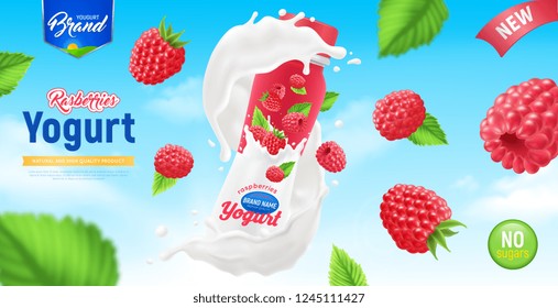 Afiche de yogur realista con frambuesas voladoras de composición abstracta en el aire alrededor del yogur empaquetado ilustración vectorial