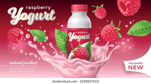 Realistic yogurt poster. Natural drinking fermented milk product with raspberries, berry beverage in plastic bottle, liquid splashes, marketing banner, advertising template, utter vector concept