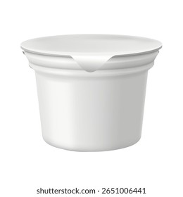 Iogurte realista, nata azeda, compotas e outros produtos pacote. 3D mock-up de recipiente de plástico branco redondo com tampa de folha fechada, copo com tampa. Design de vetor de modelo de exibição frontal de produto do farm isolado