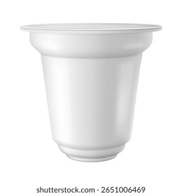 Realistic yogurt, sour cream, milk drink cup with cap package. 3D mock up vector design. White round plastic tall container with closed foil lid. Front view template
