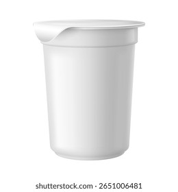 Realistic yogurt, sour cream, milk drink cup with cap package. 3D mock up of white round plastic tall container with closed foil lid. Farm product front view template vector design isolated