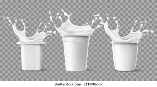 Realistic yogurt splashes. Plastic opened packages. Fermented milk splatters and drops. Natural Greek product. Different shapes 3D cream containers mockup. Vector blank