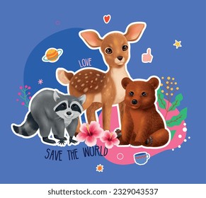 Realistic young animal composition with characters of joey racoon deer and bear with flowers and pictograms vector illustration