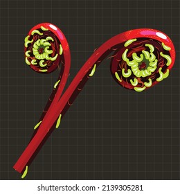 Realistic young red shoots of ferns . Illustration flat style. Red curly tropical plant.