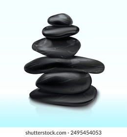 Realistic zen stones. Pebbles pile tower balance, tranquility wellbeing nature serenity meditation concept spa massage smooth stone stack meditative rocks exact vector illustration authors graphics