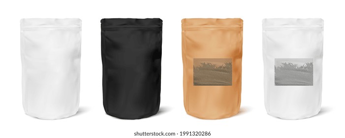 Realistic Zip Package mockups for advertising and presentation. Black and White tea Zip package mock-up for logo and brand design. Vector 3d illustration