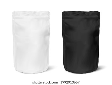 Realistic Zip Package mockups for advertising and presentation. Black and White tea Zip package mock-up for logo and brand design. Vector 3d illustration