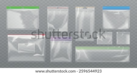 Realistic ziplock bags. Zip lock bag isolated clear pvc plastic case, small pack with zipper food packaging or evidence, transparent pouch pocket purse exact vector illustration original artwork