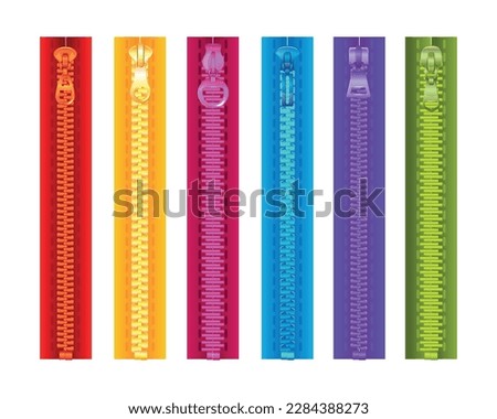 Realistic zipper color set with six isolated images of colored zip fastener stripes on blank background vector illustration
