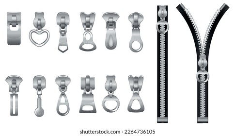 Realistic zipper fasteners clasp set with icons of silver latches of various shape on blank background vector illustration